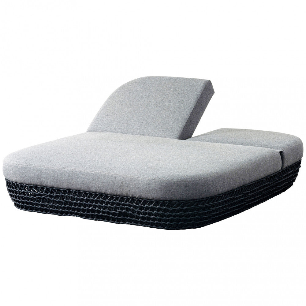 Lettino Da Esterno Lafayette 2 Posti con struttura in alluminio e rivestimento in corde grigie, completo di cuscini.