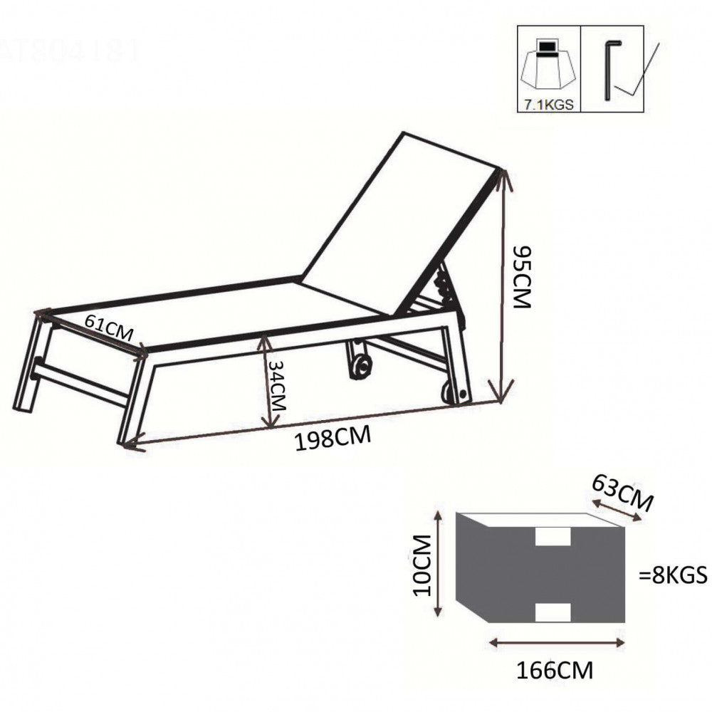 Disegno tecnico del lettino prendisole con quote dimensionali di lunghezza, larghezza e altezza.