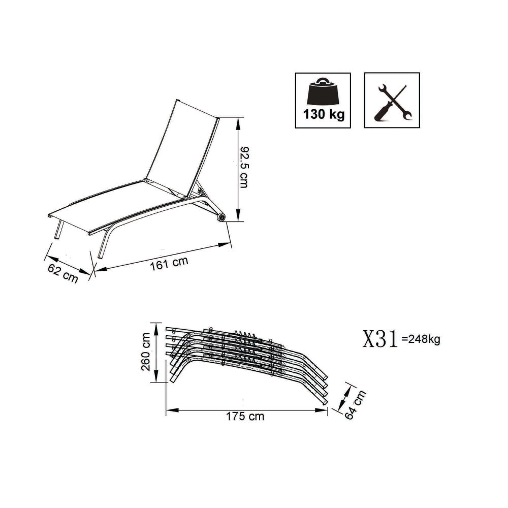 Disegno tecnico del lettino prendisole Itaca con dimensioni di 161 cm per 62 cm e dettagli sull'impilabilità.