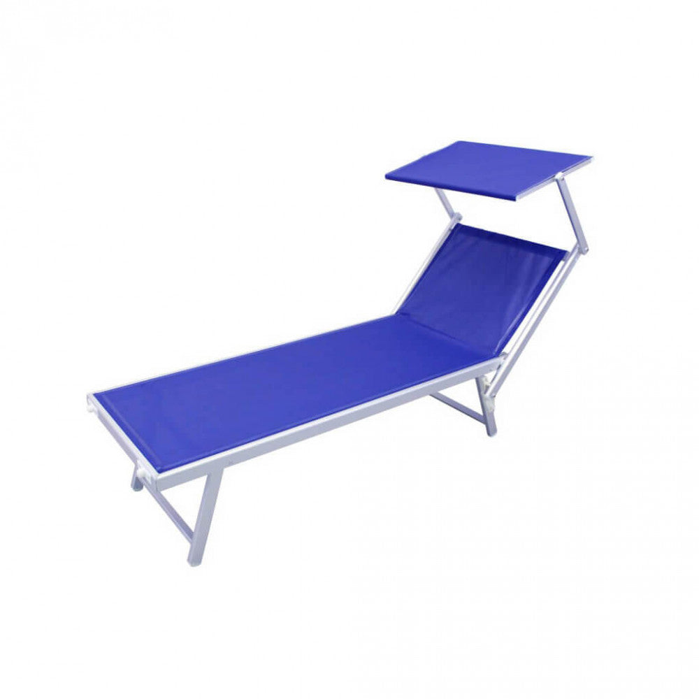 Prospettiva dall'alto del lettino prendisole Jesolo blu, che evidenzia la struttura in alluminio e il design ergonomico.