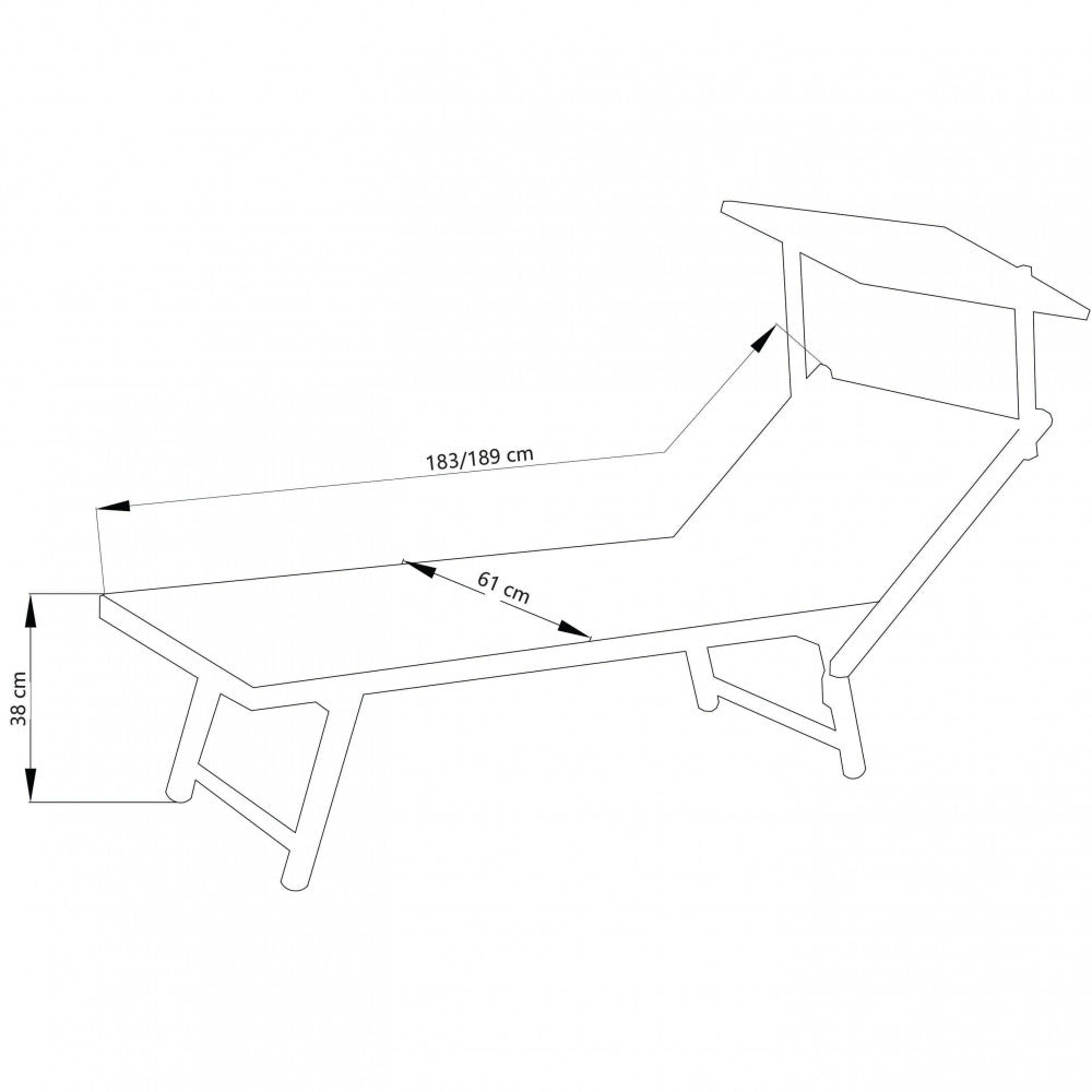 Disegno tecnico del lettino prendisole Jesolo con quote dimensionali che indicano lunghezza, larghezza e altezza della struttura.