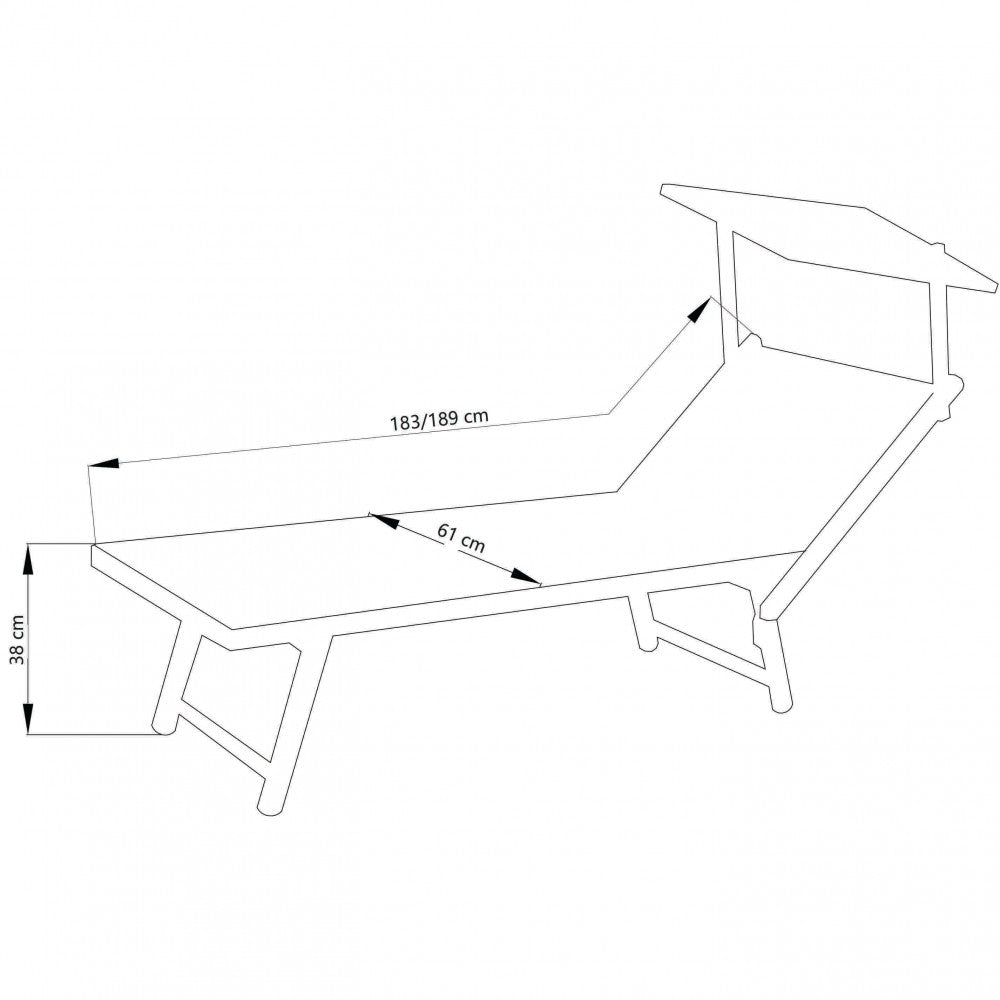 Disegno tecnico del lettino prendisole Jesolo con quote dimensionali che indicano 183/189 cm di lunghezza, 61 cm di larghezza e 38 cm di altezza.