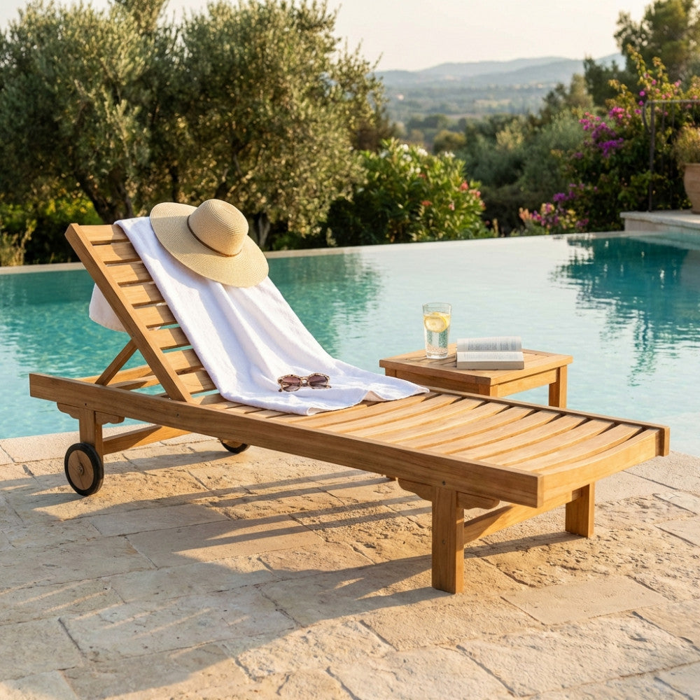 Lettino prendisole moderno Karachi in teak con ruote, decorato con cappello di paglia e telo, vista su paesaggio collinare.