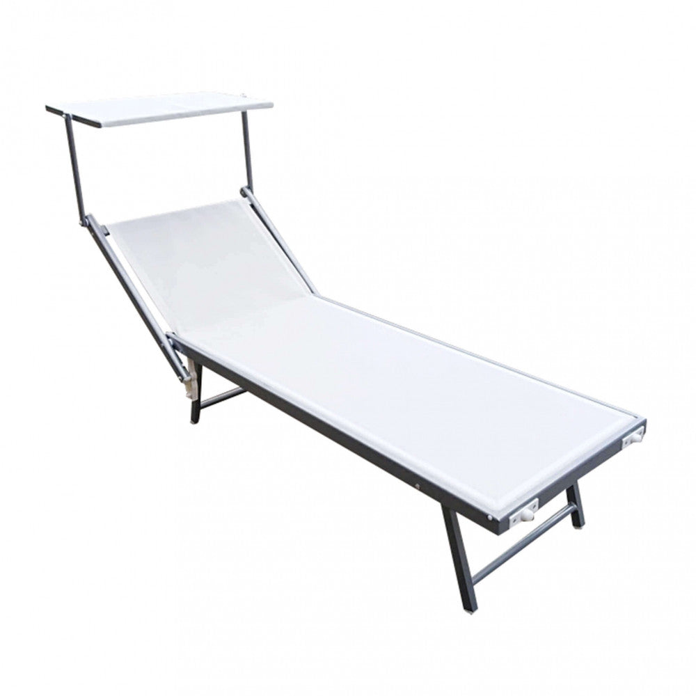 Lettino mare Rimini bianco con tettuccio regolabile, struttura in alluminio, posizionato su una spiaggia
