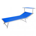 Lettino prendisole Cefalù XXL di colore blu con struttura in alluminio rinforzato, posizionato a bordo piscina.