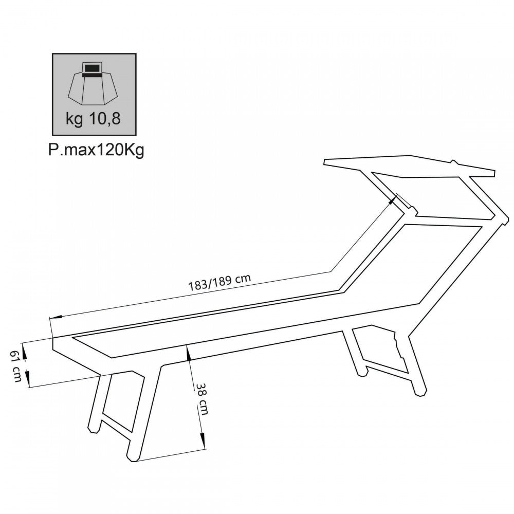 Disegno tecnico del lettino prendisole Rimini con quote dimensionali dettagliate, indicazione del peso di 10,8 kg e portata massima di 120 kg.