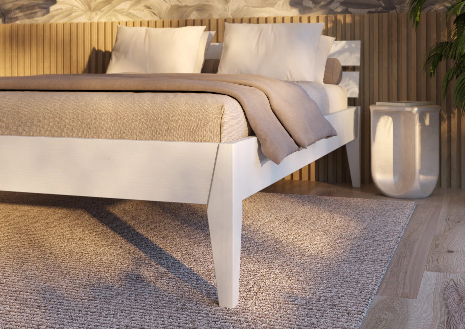 Letto singolo Torino SL in legno di pino bianco, dimensioni 210x96 cm, design moderno con testata a doghe, dettaglio piedi
