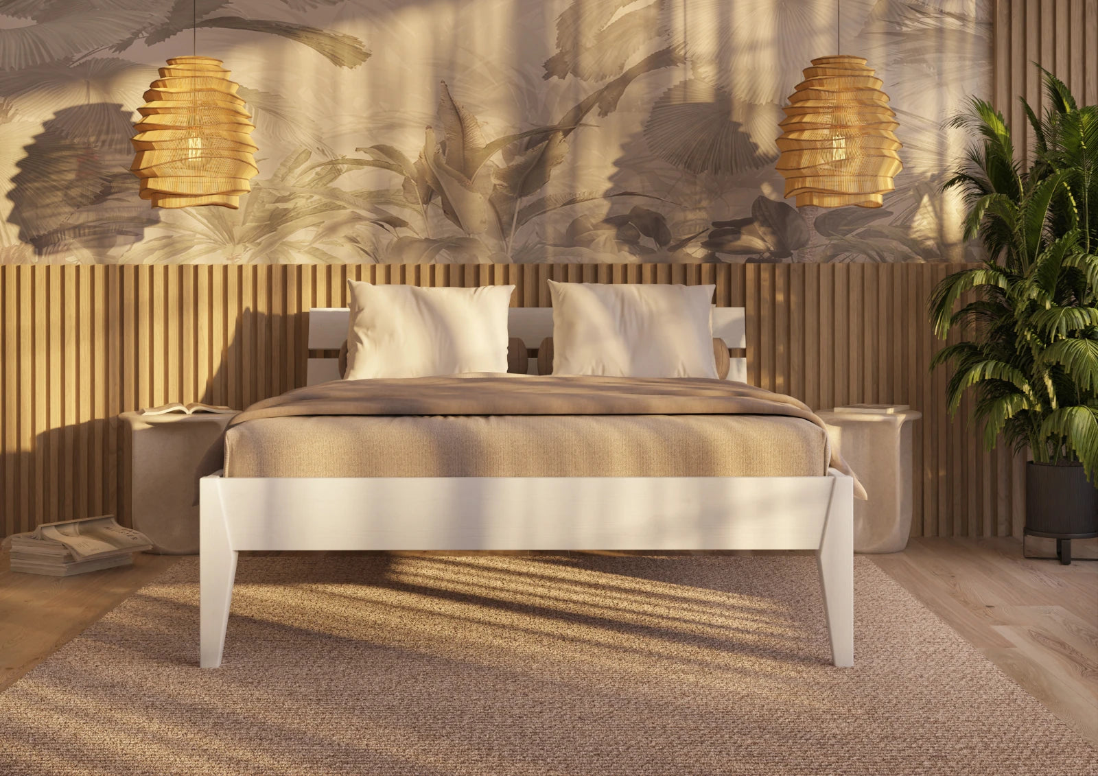 Letto singolo Torino SL in legno di pino Bianco, dimensioni 210x96 cm, design moderno con testata a doghe, vista frontale