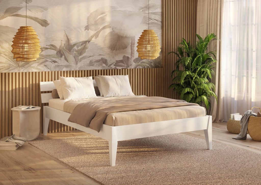 Letto singolo Torino SL in legno di pino Bianco, dimensioni 210x96 cm, design moderno con testata a doghe, vista frontale