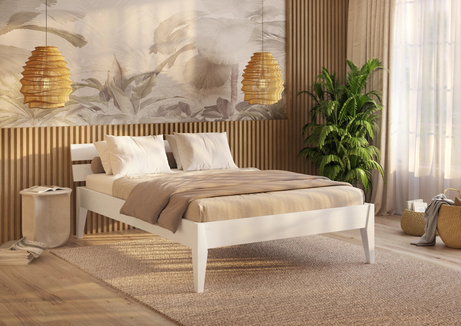 Letto singolo Torino SL in legno di pino Bianco, dimensioni 210x96 cm, design moderno con testata a doghe, vista frontale