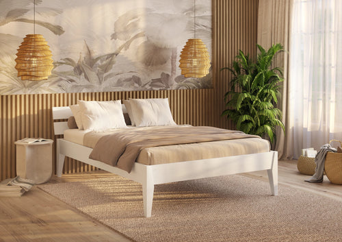 Letto singolo Torino SL in legno di pino Bianco, dimensioni 210x96 cm, design moderno con testata a doghe, vista frontale