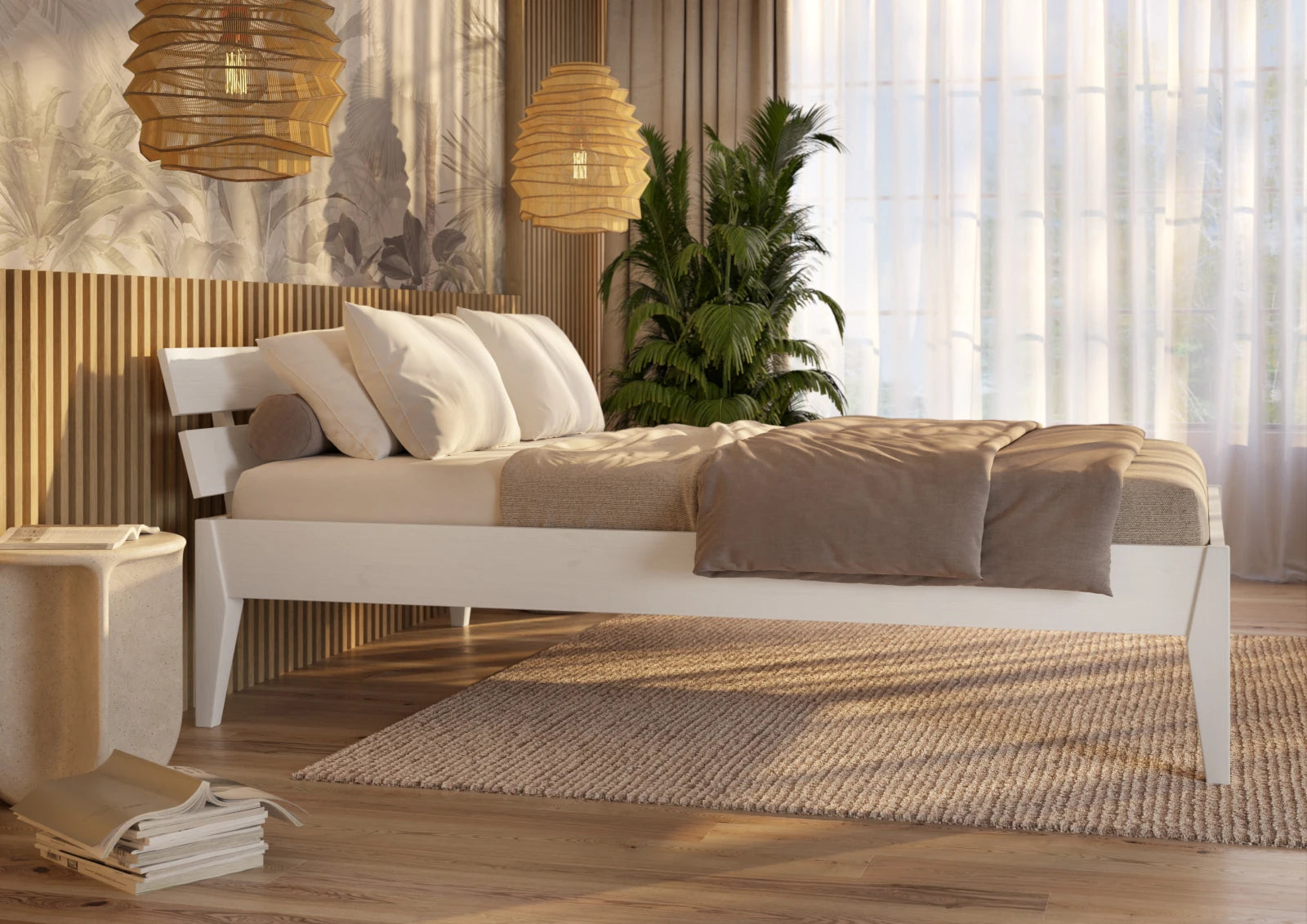 Letto singolo Torino SL in legno di pino bianco, dimensioni 210x96 cm, design moderno con testata a doghe, vista laterale