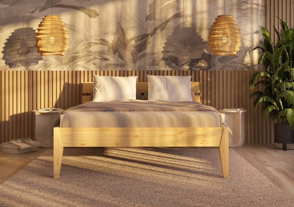 Letto singolo Torino SL in legno di pino laccato, dimensioni 210x96 cm, design moderno con testata a doghe. vista frontale