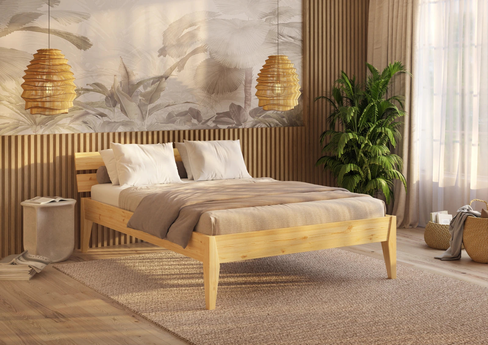 Letto singolo Torino SL in legno di pino laccato, dimensioni 210x96 cm, design moderno con testata a doghe, profilo latrale ambientato in camera da letto