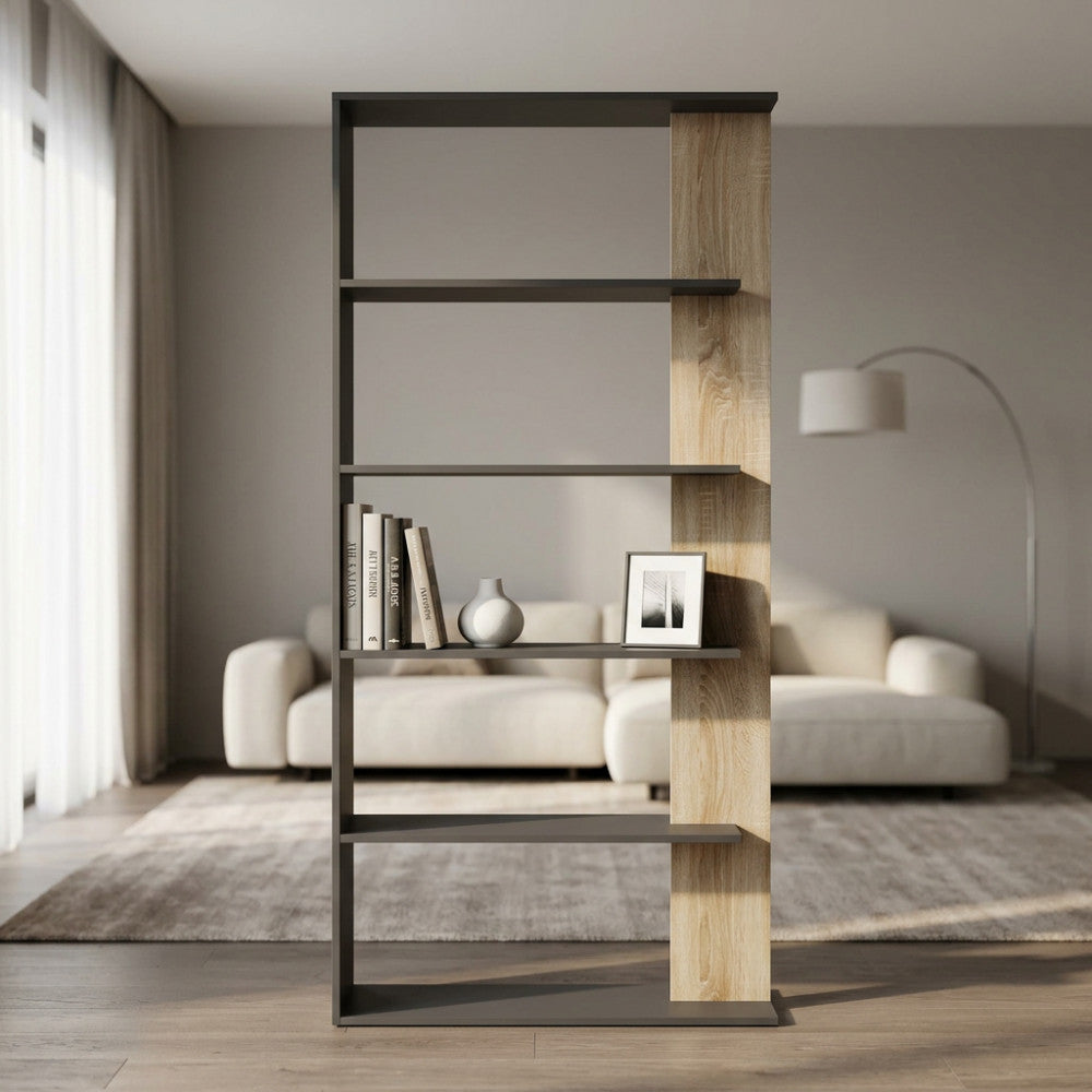 Libreria Alisha frontale in un soggiorno moderno, finitura antracite e legno naturale.