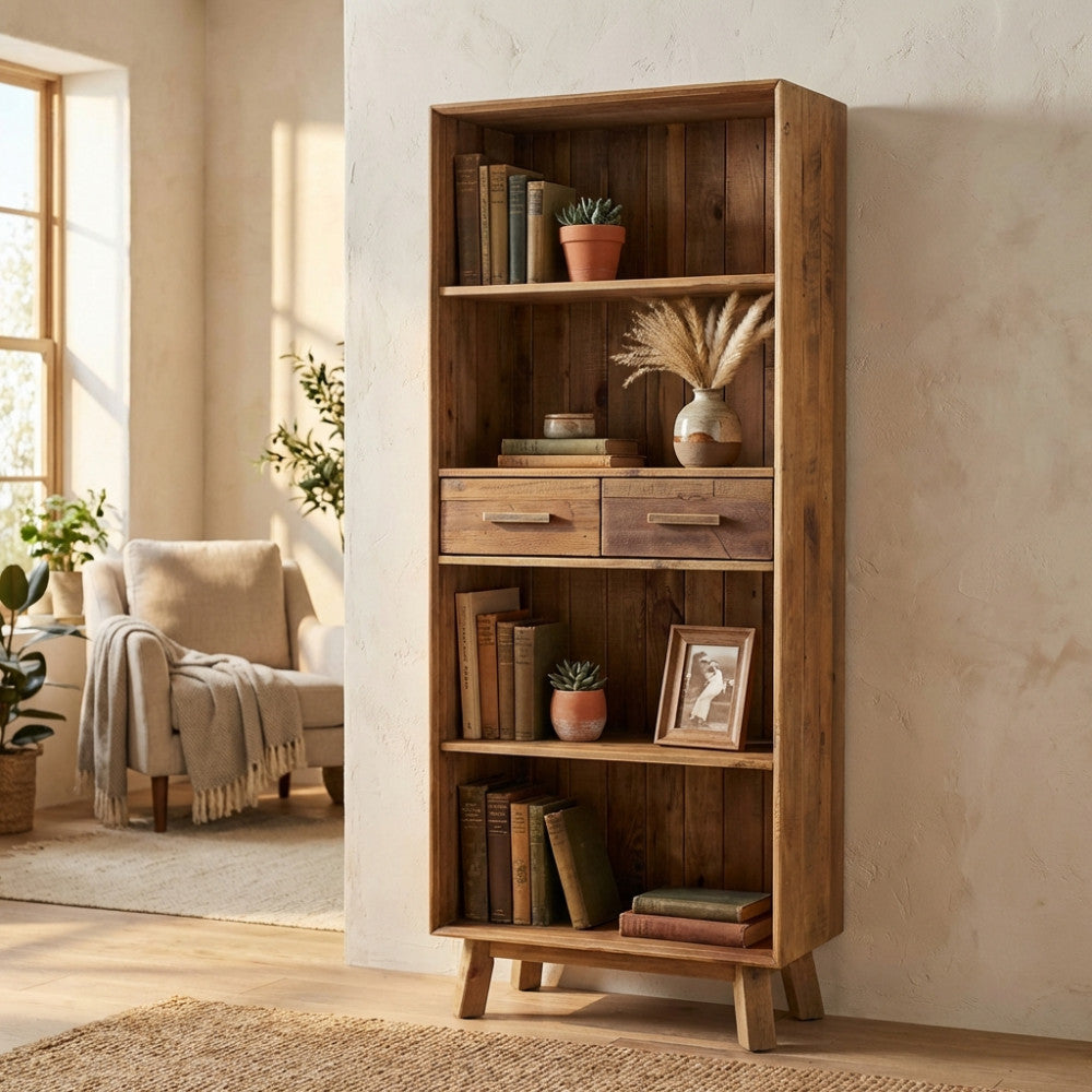 Vista angolare della libreria in pino riciclato con mensole allestite e luce naturale.