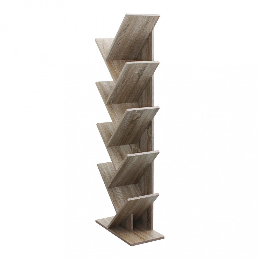 Prospettiva angolare della libreria ad albero ARIANE vuota, che ne sottolinea la profondità e il design salvaspazio.