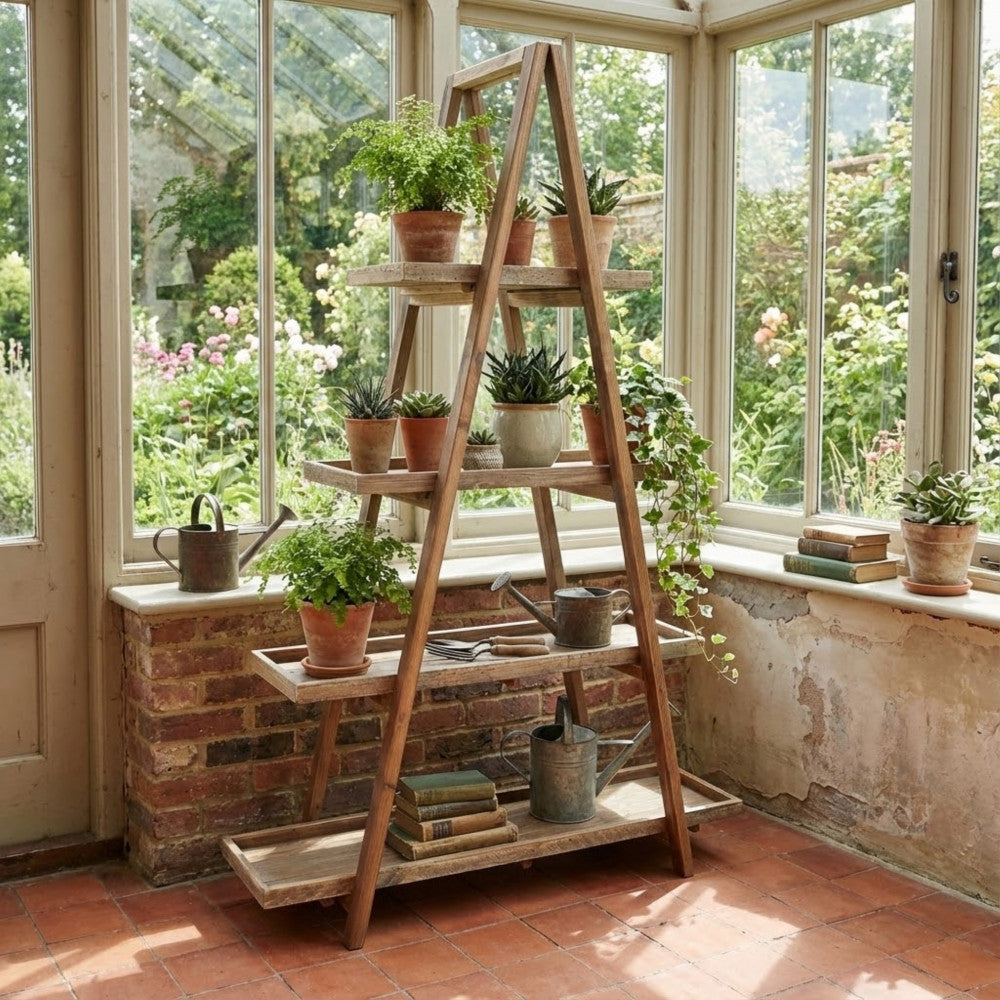 Libreria posizionata in un giardino d'inverno circondata da piante in vaso.