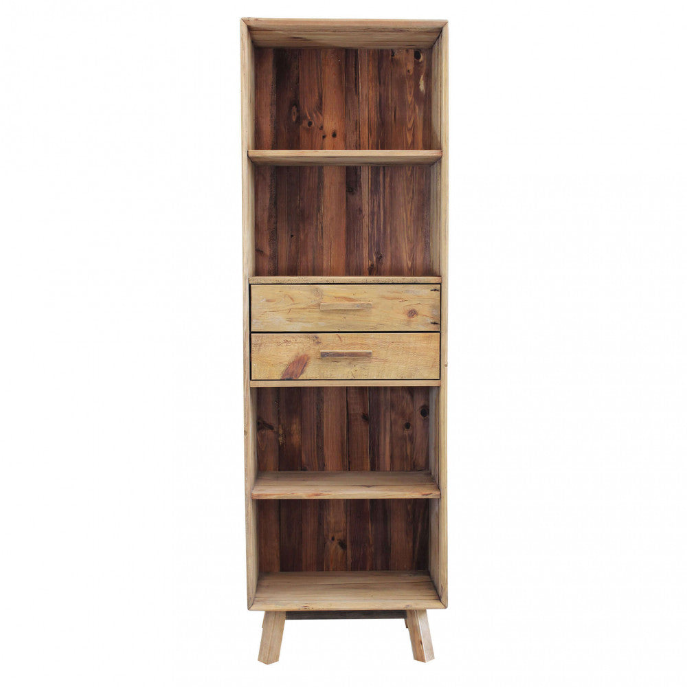 Vista frontale completa della libreria Collin in pino riciclato con cassetti chiusi, su sfondo bianco.