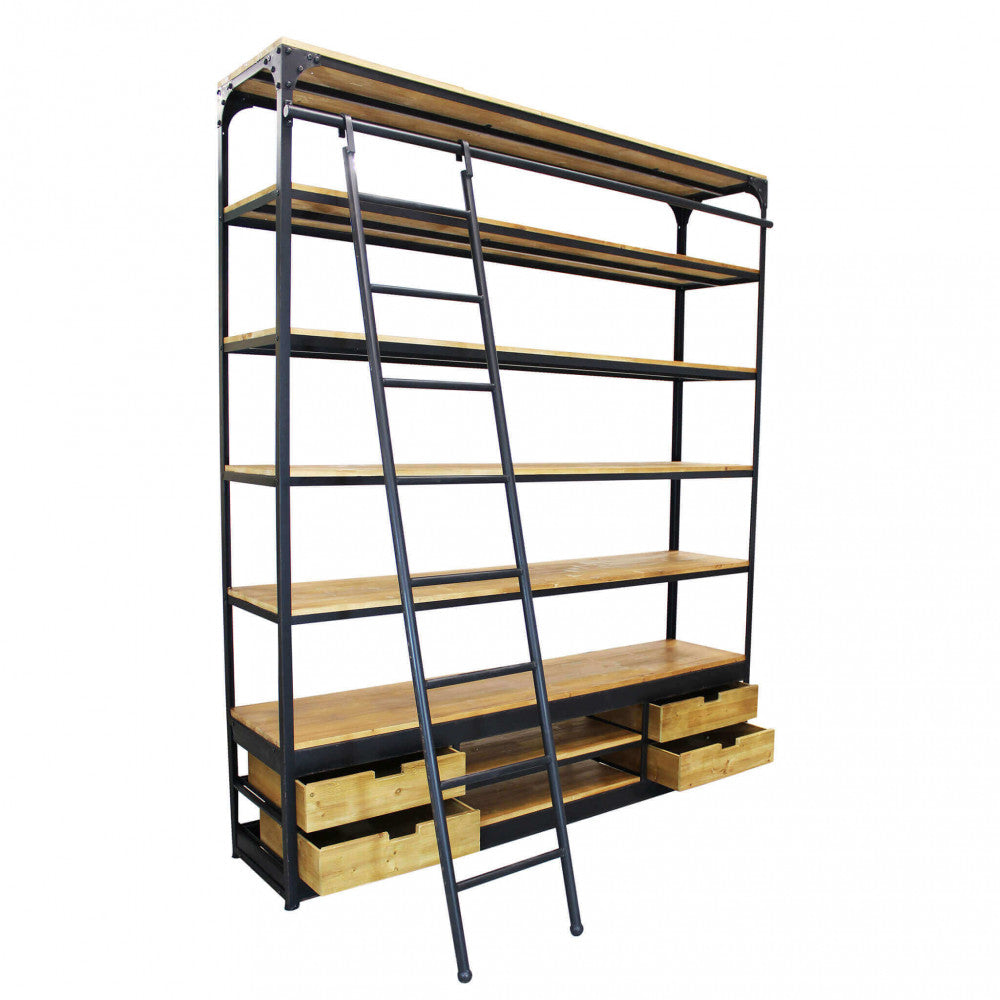 Libreria Ferdy alta e ampia, in legno marrone e struttura in acciaio nero, stile industriale | Albert Stock