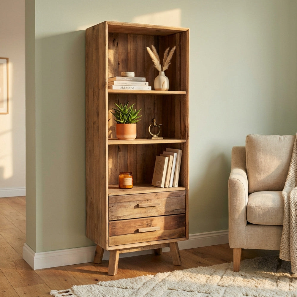 Vista frontale angolata della libreria vintage Justin con libri e piante decorative su pavimento in legno.
