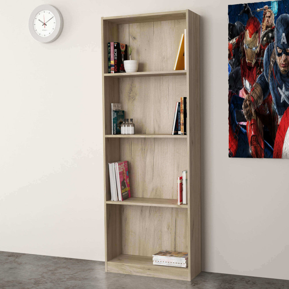 Libreria moderna inserita in un contesto giovanile con orologio a parete e poster decorativo.