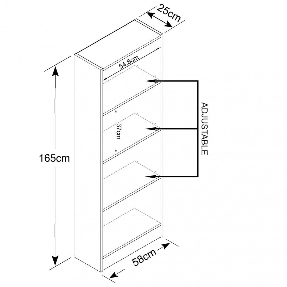 Disegno tecnico della libreria con dimensioni esatte: altezza 165cm, larghezza 58cm e profondità 25cm.