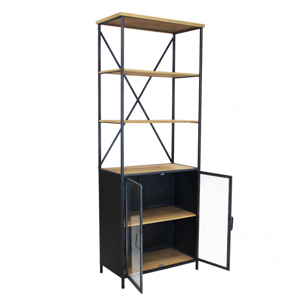 Libreria Mobile Brock in legno marrone e struttura in acciaio nero, stile industriale e imponente | Albert Stock
