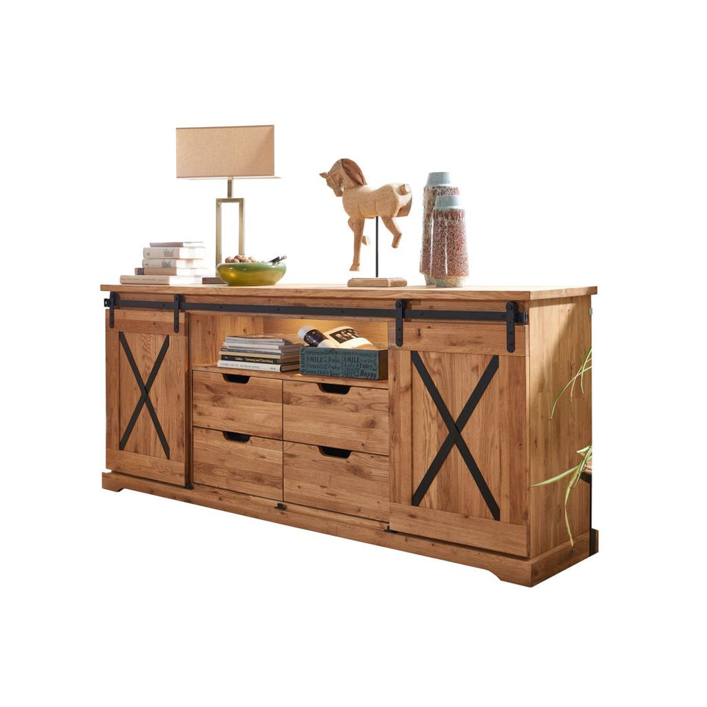 Vista interna dei cassetti e dei vani laterali della madia Nyks III, che mostra l'ampio spazio per l'organizzazione di oggetti | Albert Stock