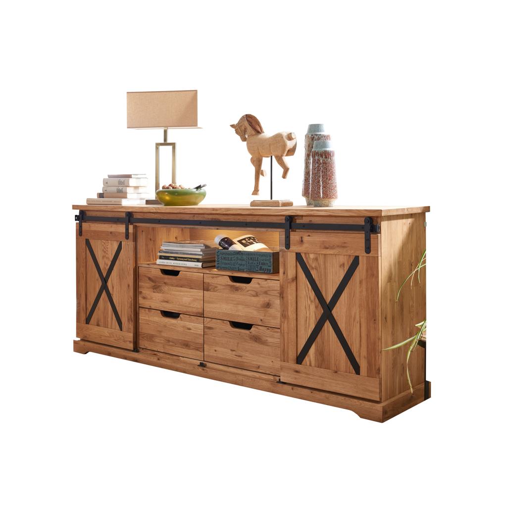 Vista interna dei cassetti e dei vani laterali della madia Nyks III, che mostra l'ampio spazio per l'organizzazione di oggetti | Albert Stock