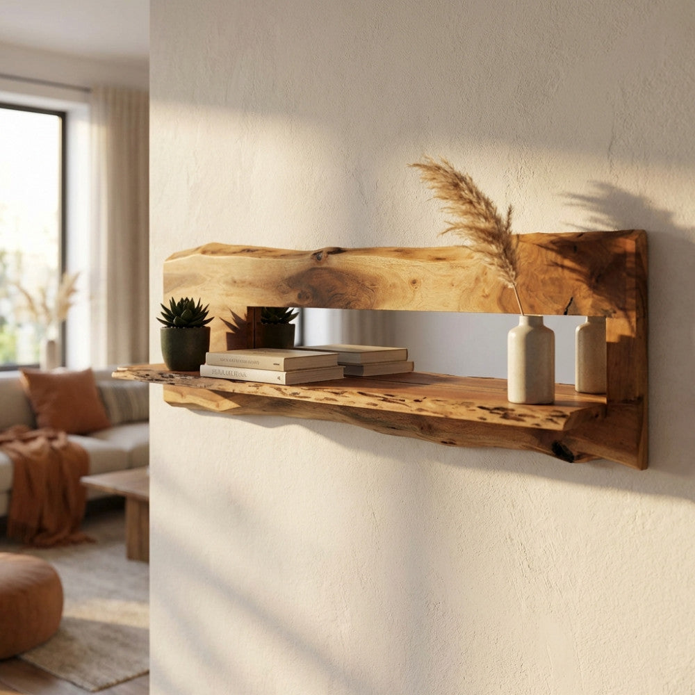 Mensola ALICIA in legno di acacia massello con specchio integrato, allestita in un luminoso soggiorno moderno.