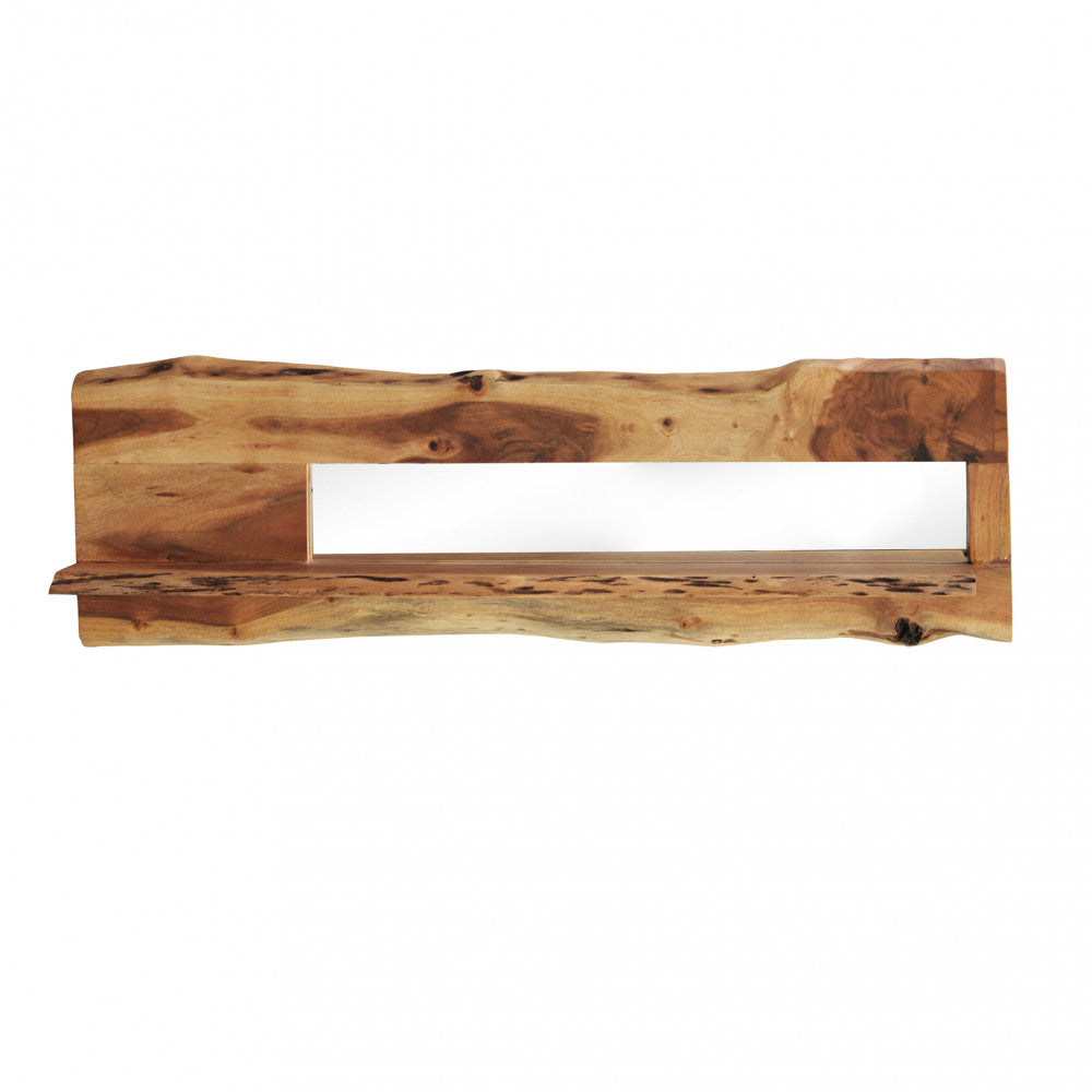 Vista frontale della mensola ALICIA in legno di acacia, mostrando il design rettangolare con specchio centrale.