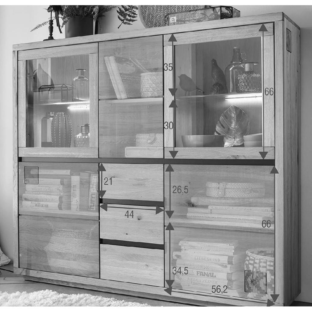 Misure della Credenza Fende II in rovere selvatico oliato con ante in legno, ante in vetro e inserti neri, ideale per un soggiorno in stile industriale o loft | Albert Stock