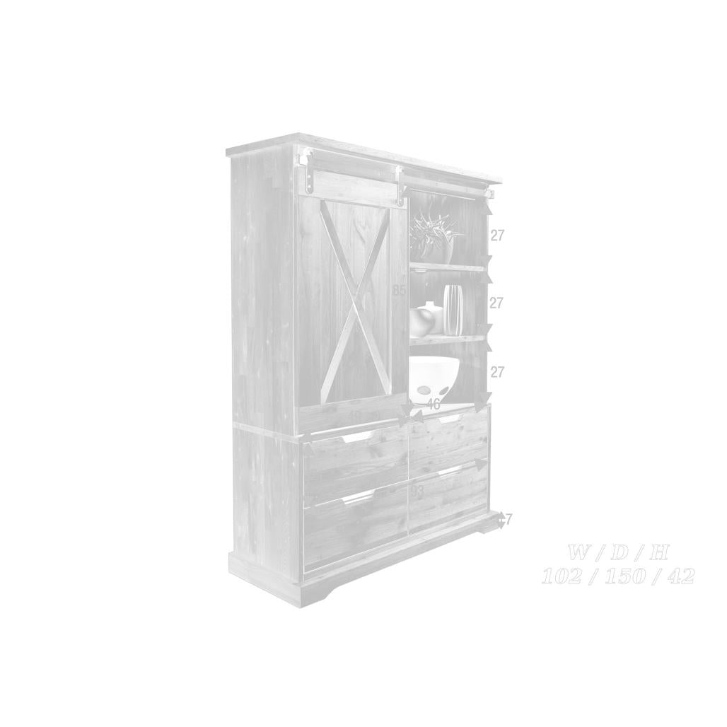 Misure della Vetrina Nyks I in rovere oliato con anta scorrevole e dettaglio metallico a "X", ideale per esporre e organizzare in un soggiorno moderno | Albert Stock