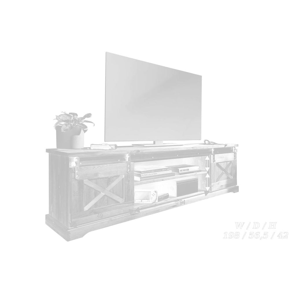 Misure del Mobile TV Nyks II in rovere oliato con ante scorrevoli e dettagli metallici a forma di "X", ideale per un soggiorno in stile loft | Albert Stock