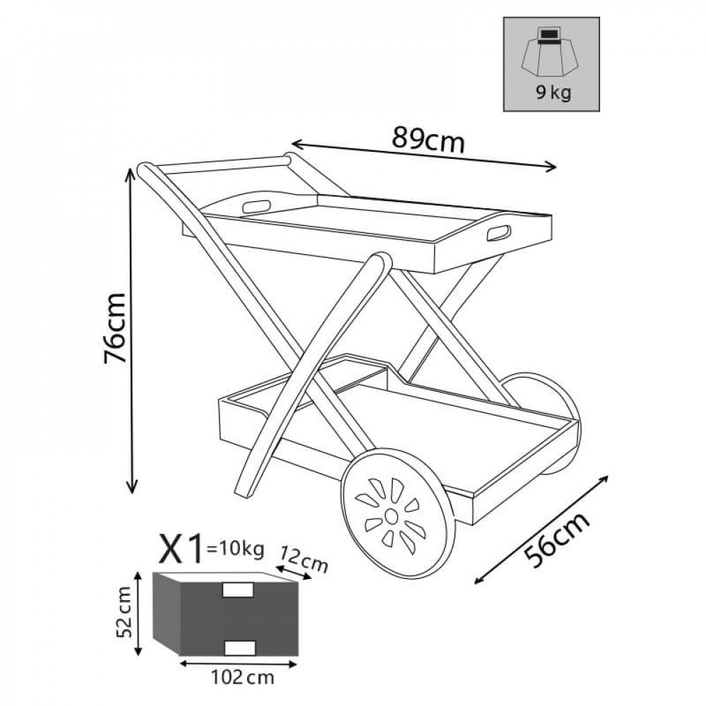 Misure, schema e Dettaglio della struttura e della ruota del carrello bar in legno di acacia