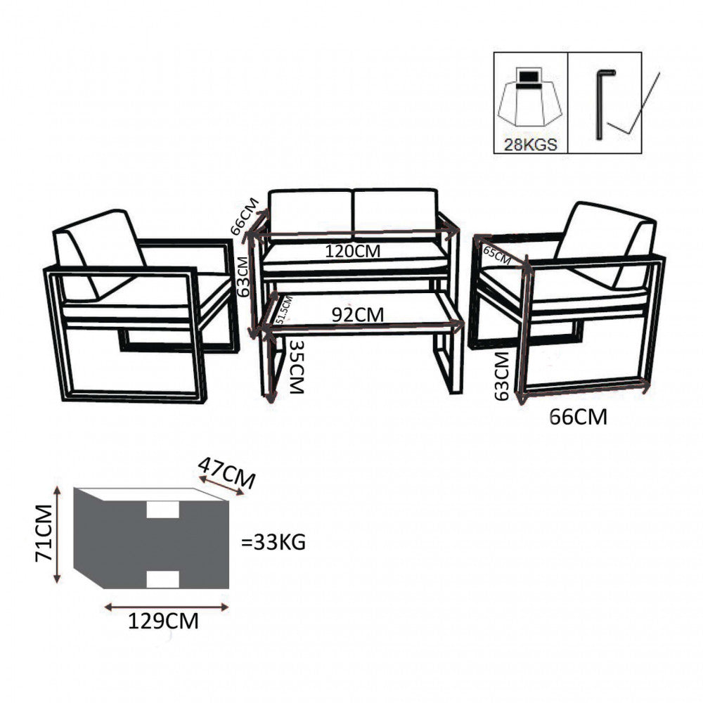 misure e schema del Set salotto da esterno Formentera 2P con struttura in alluminio antracite e cuscini chiari, composto da divano a due posti, due poltrone e un tavolino con piano in vetro