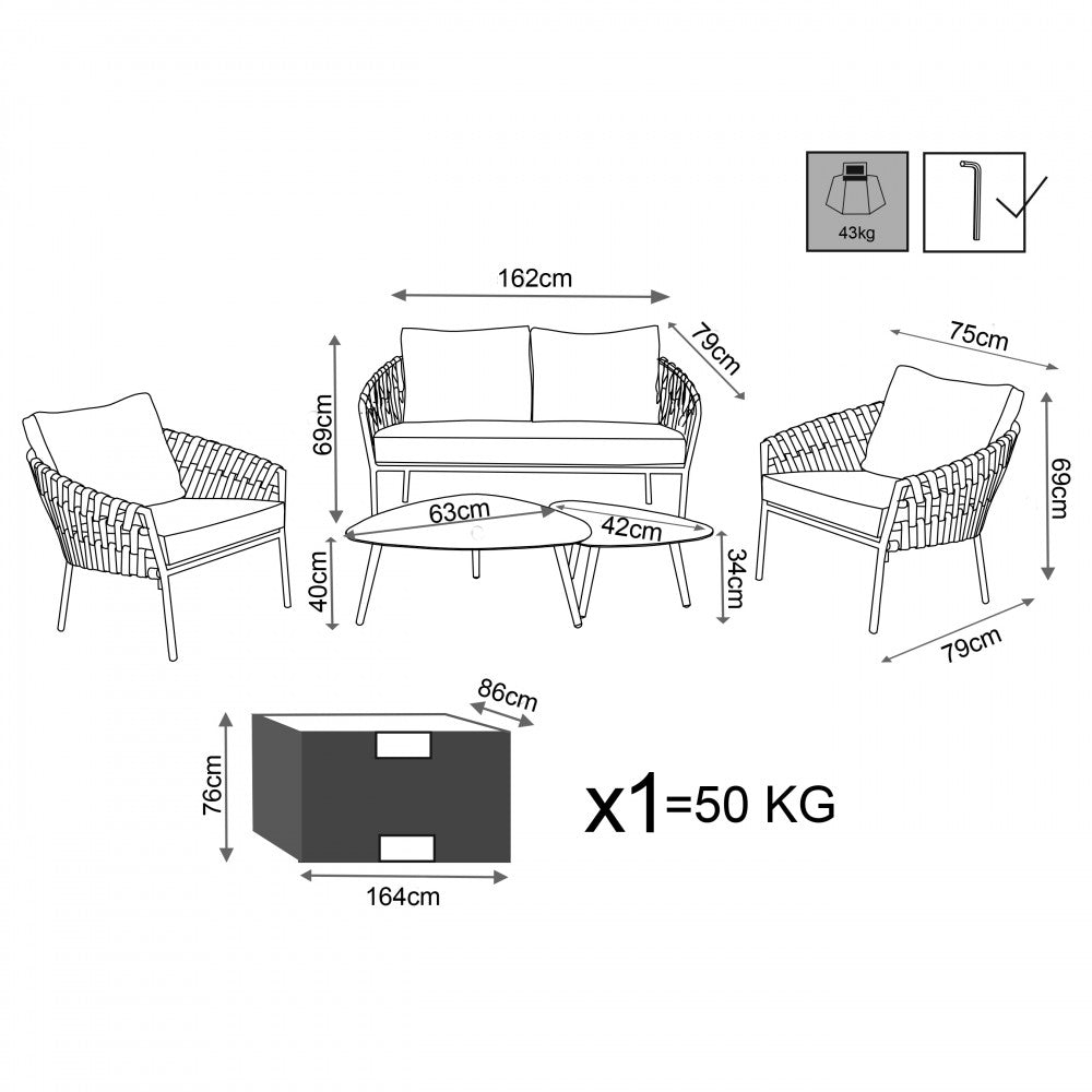 Misure e Schema del Set salotto da esterno Hampton 2 Posti con struttura in alluminio e corda piatta grigia, completo di cuscini e due tavolini