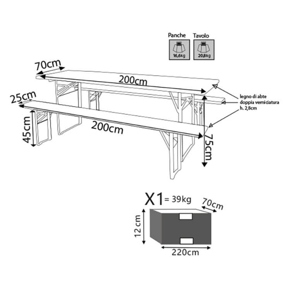 Misure e Schema Tecnico del Set birreria da esterno aperto in un ambiente conviviale, che mostra la sua robustezza e praticità per feste e raduni | Albert Stock