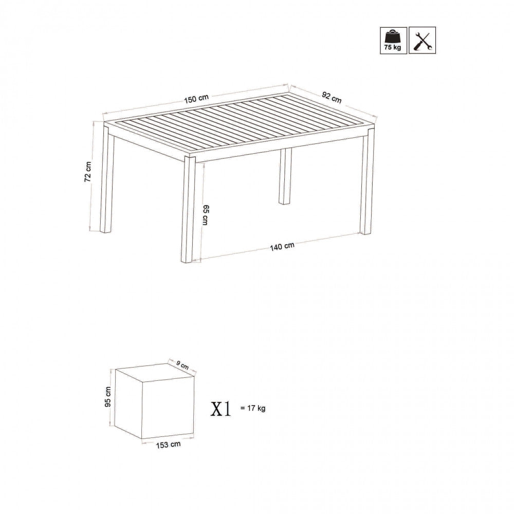 misure e Schema tecnico del Tavolo Milo 150x90 cm in alluminio bianco, ambientato su una terrazza con sedie abbinate, che ne evidenzia il design pulito e la stabilità | Albert Stock