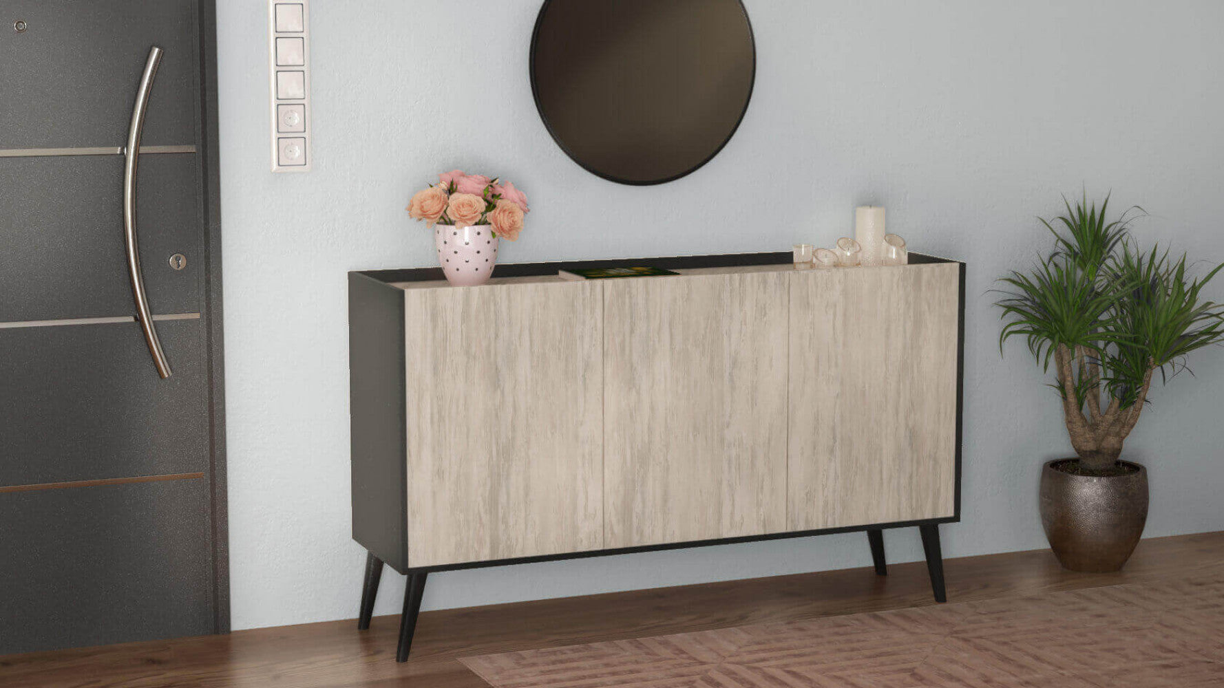 Credenza posizionata in un ingresso moderno con specchio rotondo e pianta decorativa in vaso.