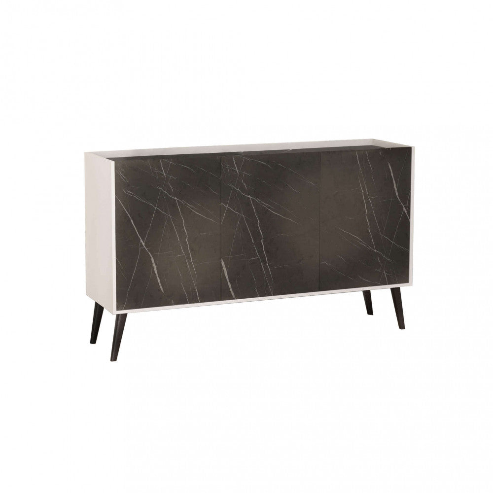 Vista isolata della credenza MK801522 su sfondo bianco, evidenziando il contrasto tra il bianco lucido e il marmo scuro.