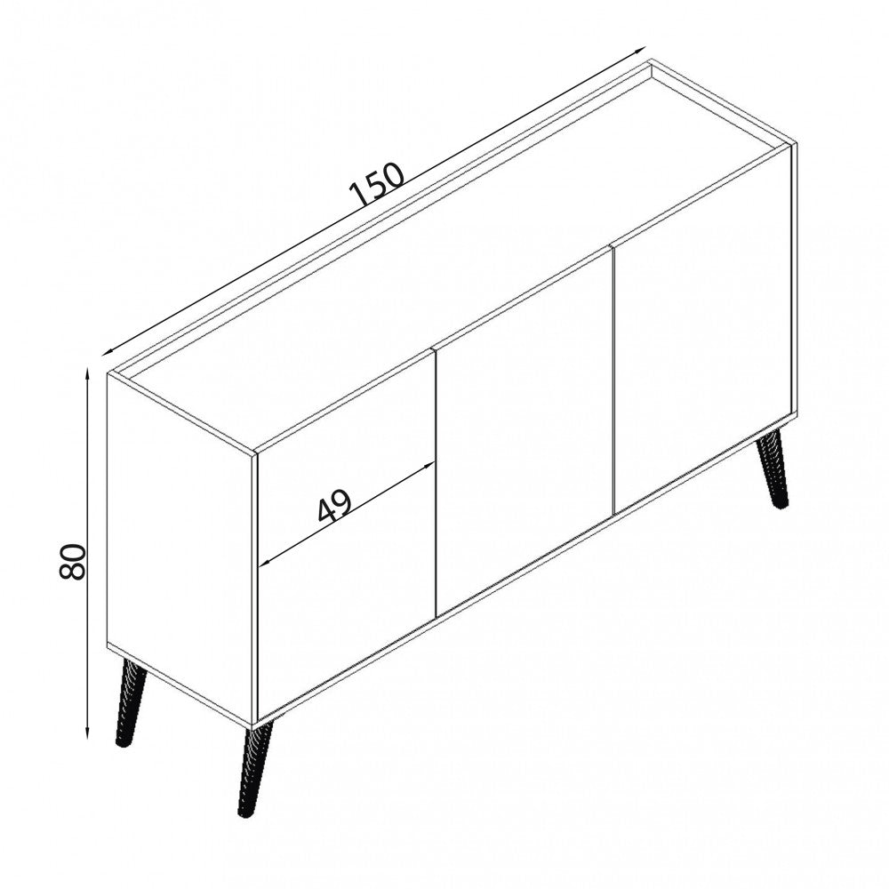 Disegno tecnico della credenza MK801522 che illustra le dimensioni: larghezza 150 cm, altezza 80 cm e larghezza anta 49 cm.