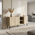 Credenza in rovere grigio MK801523 ambientata in un soggiorno luminoso con vaso decorativo e lampada.