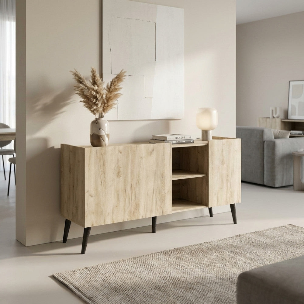 Credenza in rovere grigio MK801523 ambientata in un soggiorno luminoso con vaso decorativo e lampada.
