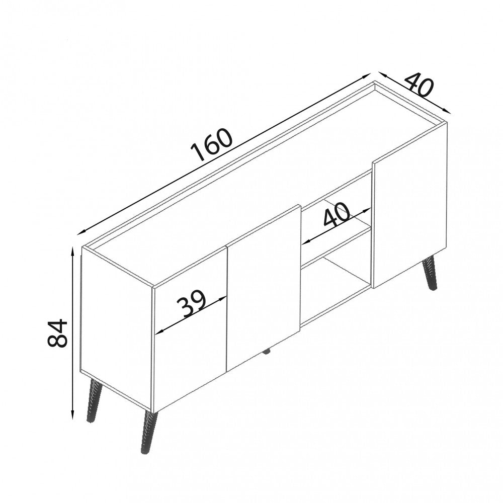 Disegno tecnico della credenza con dimensioni: larghezza 160 cm, profondità 40 cm, altezza 84 cm.