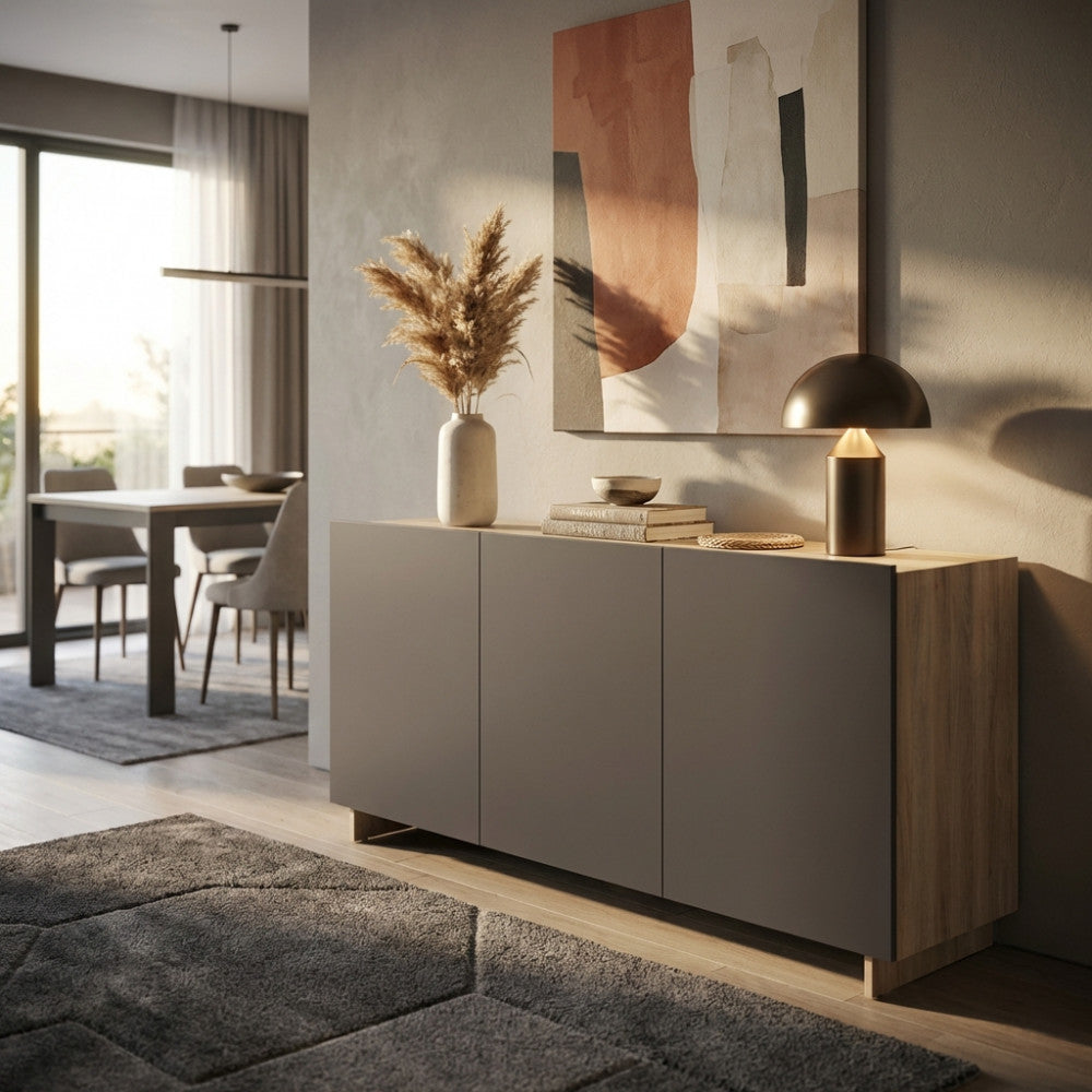 Vista frontale angolata della credenza MK801520 inserita in una sala da pranzo moderna con lampada da tavolo.