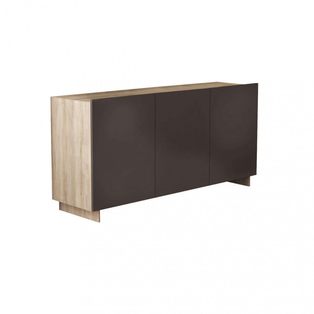 Dettaglio isolato della credenza a 3 ante su sfondo bianco, che mostra il contrasto tra la struttura olmo e le ante grigie.