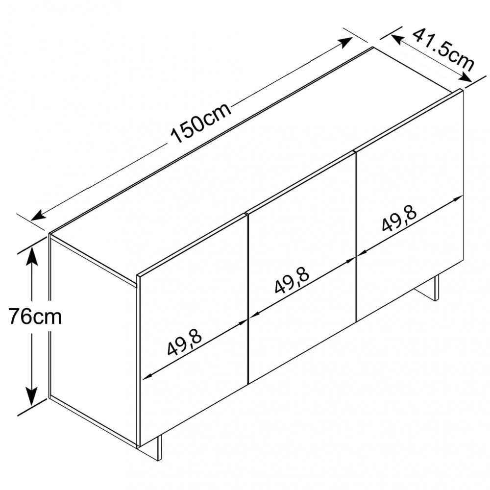 Secondo disegno tecnico della credenza a 3 ante con indicazione della larghezza delle singole ante di 49.8cm.