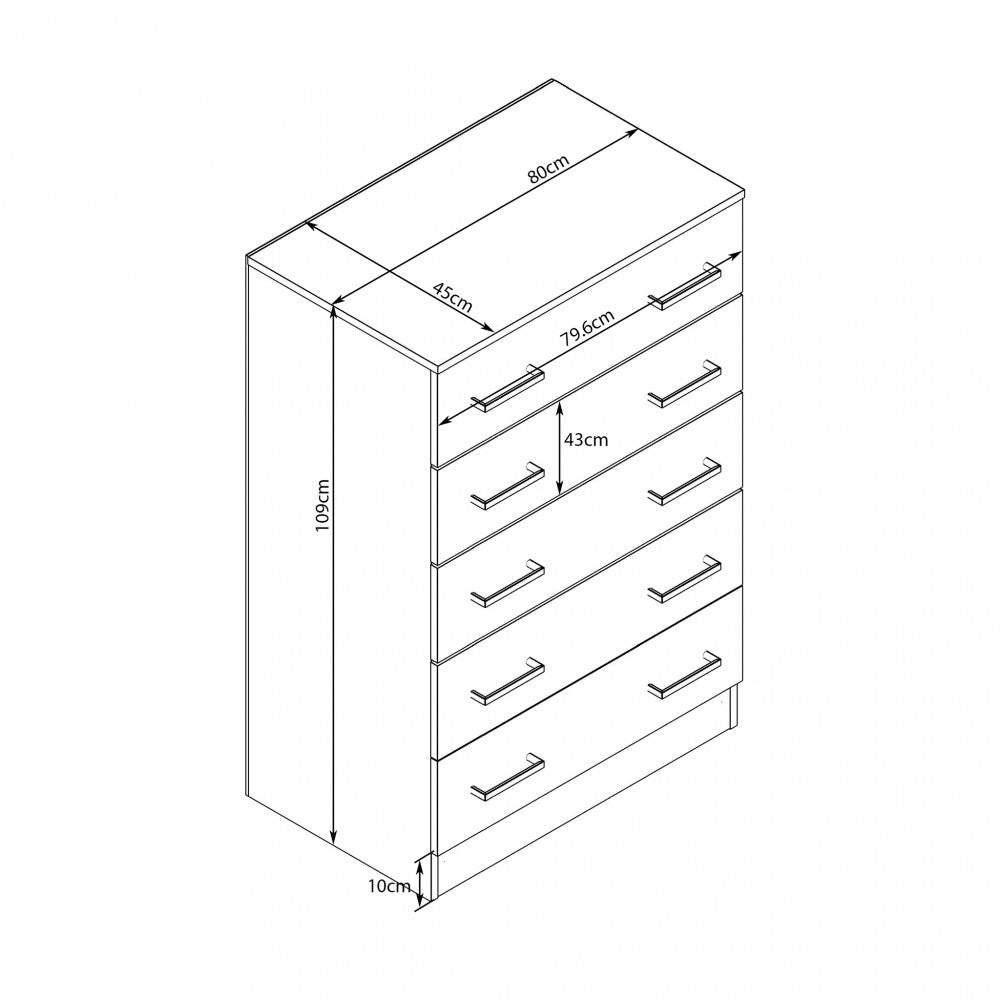 Disegno tecnico della cassettiera con quote dimensionali: larghezza 80 cm, profondità 45 cm e altezza totale 109 cm.